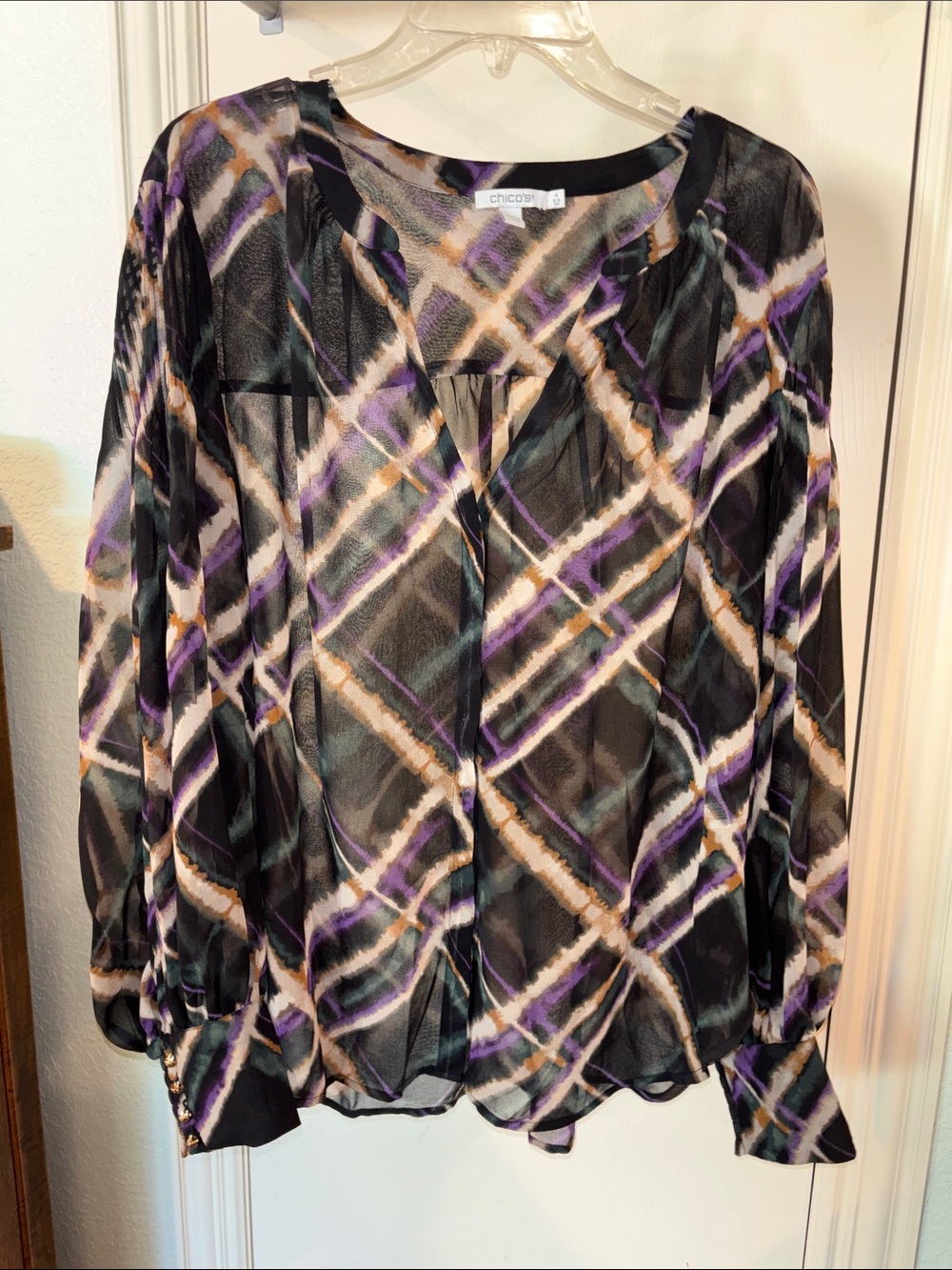 Chico's Black, Purple and Tan Geometric Print Sheer Long-Sleeve Blouse